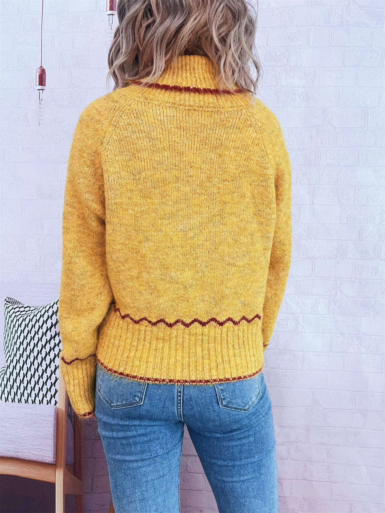 Simple Commute Half Turtleneck Lapel Contrast Color Knitted Pullover Sweater