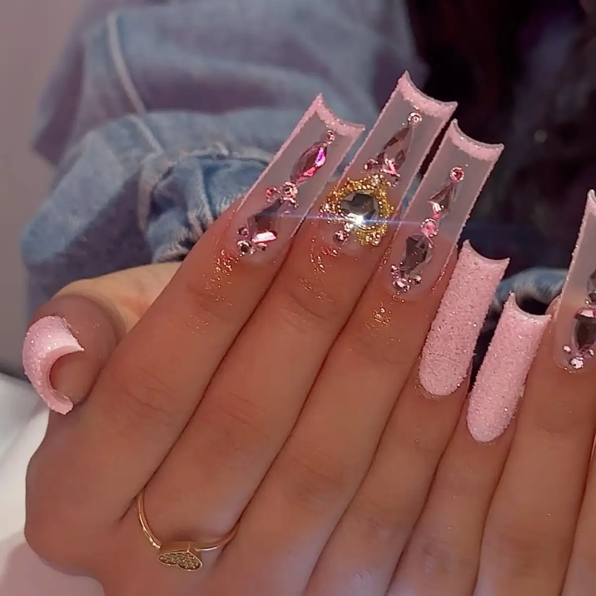 Long Square Press-On Nails with Rhinestone Heart Accents and Glitter Finish — BW93