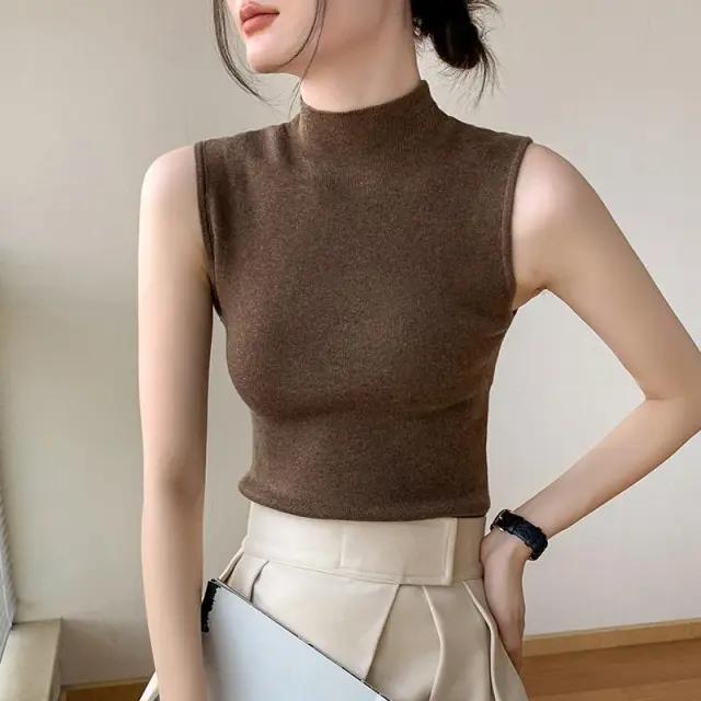 Turtleneck Knitting Vest Women's Sleeveless Bottoming Shirt Brown Half Turtleneck - Shop at LoveMi