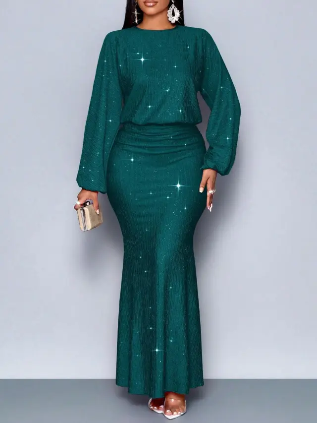 Hot Beads Long sleeved Fishtail Dress Women Peacock Green - Shop at LoveMi