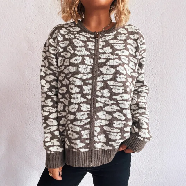 Fashion Color Contrast Knitted Cardigan Casual Round Neck Zipper Stitching Cloud Sweater Brown - Shop at LoveMi