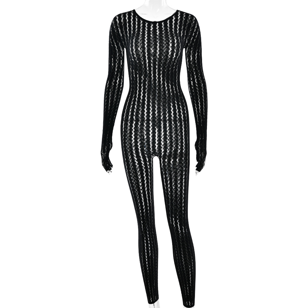 Striped Jacquard One-piece Long-sleeve Jumpsuit With Long Pants