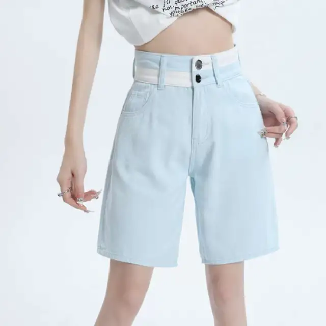 Women's All match Casual Straight leg Wide leg Jeans Blue Shorts - Shop at LoveMi