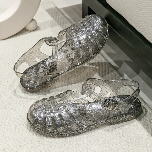 Crystal Flat Hollowed Sandals Roman Shoes Closed Toe Women's Sandals Black - Shop at LoveMi