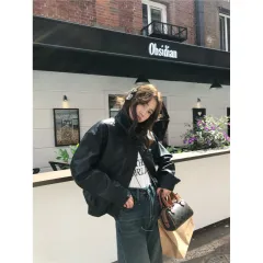 American Retro Lapels Cropped Leather Coat Female Sweet Cool Handsome - Black - View 1