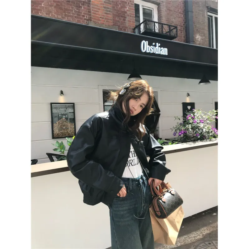 American Retro Lapels Cropped Leather Coat Female Sweet Cool Handsome - Black