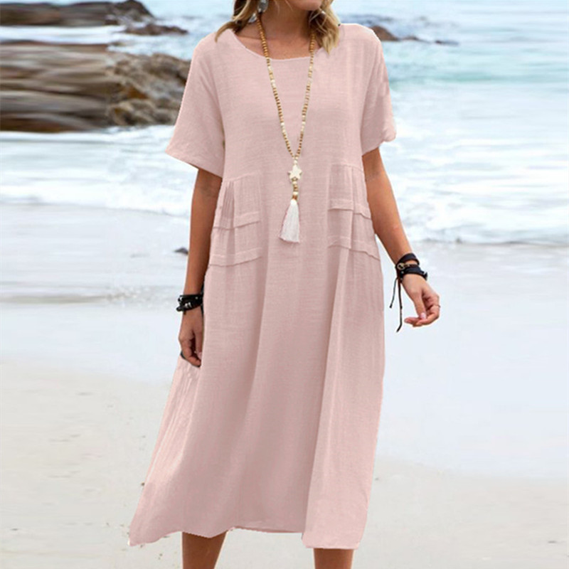 Women's Summer Loose Casual Breathable Cotton Linen Short-sleeve Midi Dress - Picture 8 of 8