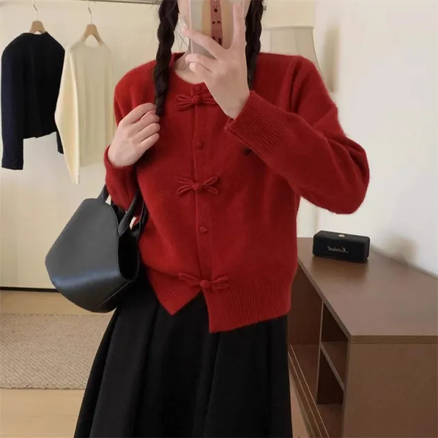 National Style Design Round Neck Sweater With Buckle Red - Shop at LoveMi
