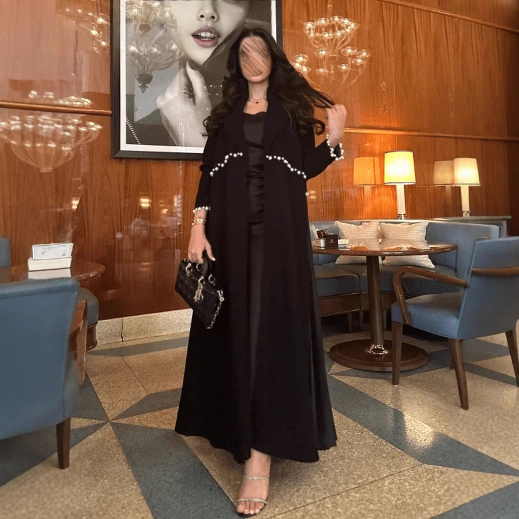 Elegant Graceful Robe Beaded Cardigan Pleated Black Maxi Dress For Women