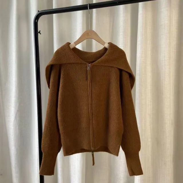 Large Lapel Double headed Zipper Sweater Coat Brown - Shop at LoveMi