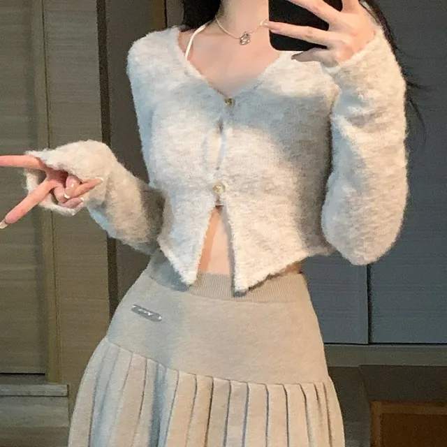 Short Knitted Cardigan Top Shoulder Small Coat Sweater For Women Apricot - Shop at LoveMi