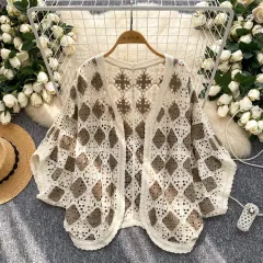 Coat Women's Hollow Crocheted Knitted Batwing Sleeve Top Shawl - Khaki - View 1