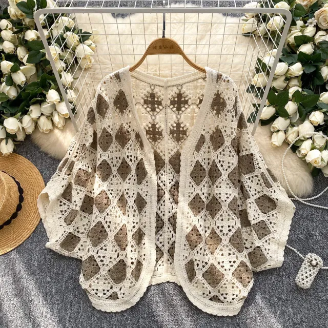 Coat Women's Hollow Crocheted Knitted Batwing Sleeve Top Shawl Khaki - Shop at LoveMi