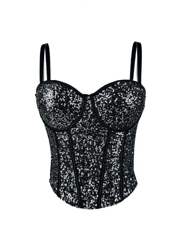Pure Desire Style Lace Bustier Slim fit Sequin Spaghetti Strap Women Silver - Shop at LoveMi