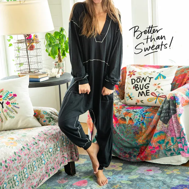 European And American Solid Color Fashion V neck Long Sleeve Casual Loose Jumpsuit Black - Shop at LoveMi