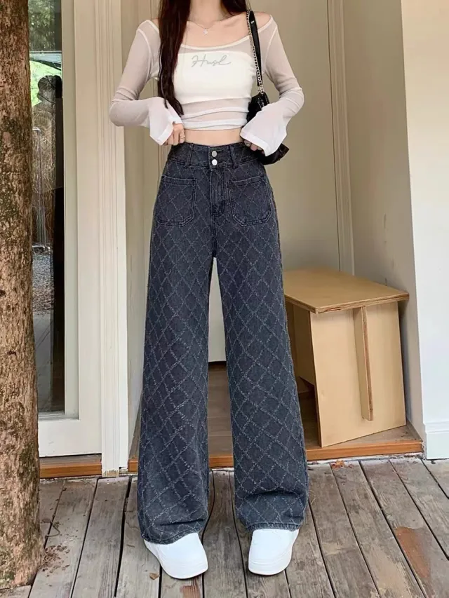 Summer Ladies New Loose Drooping Slimming Jacquard Design Straight leg Denim Trousers Black - Shop at LoveMi