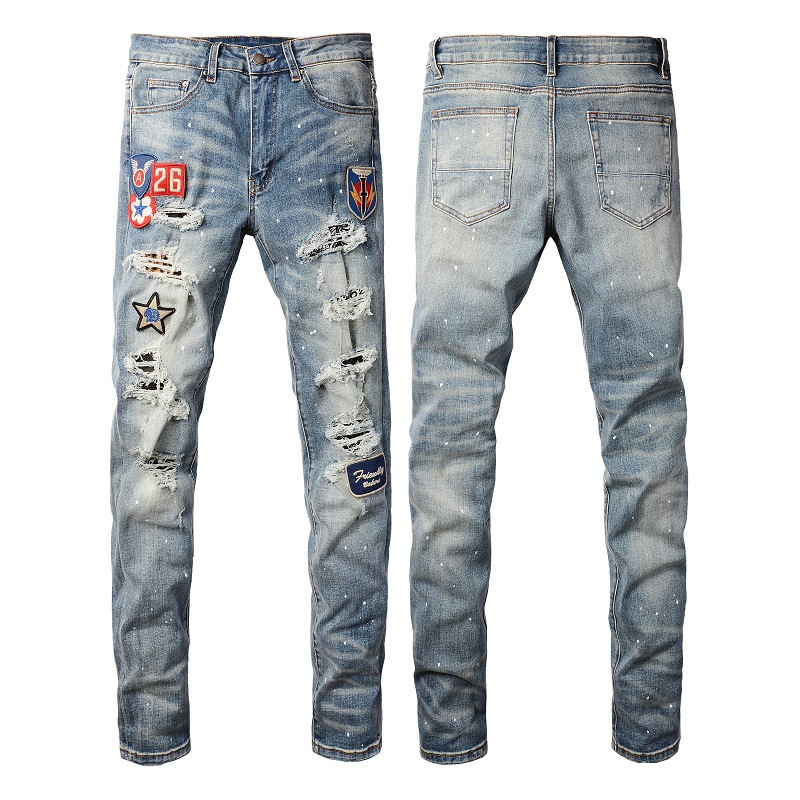 Title 9, Medal Printed Badge Ripped Jeans Men