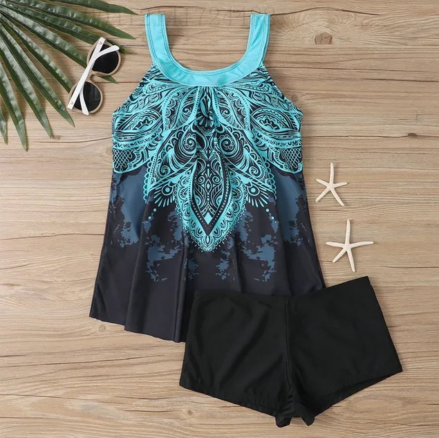 Plus Size Swimsuit Women's Shoulder Strap Conservative Skirt Split Boxers Blue Variegated - Shop at LoveMi