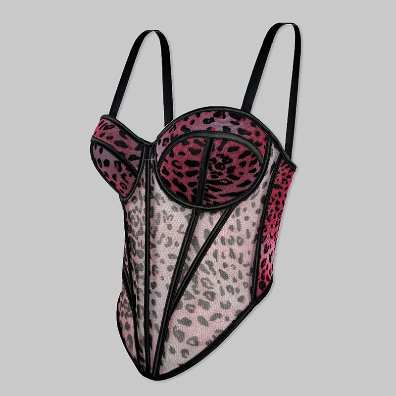 Women's Fashion Personality Mesh Leopard Print Corset Red - Shop at LoveMi