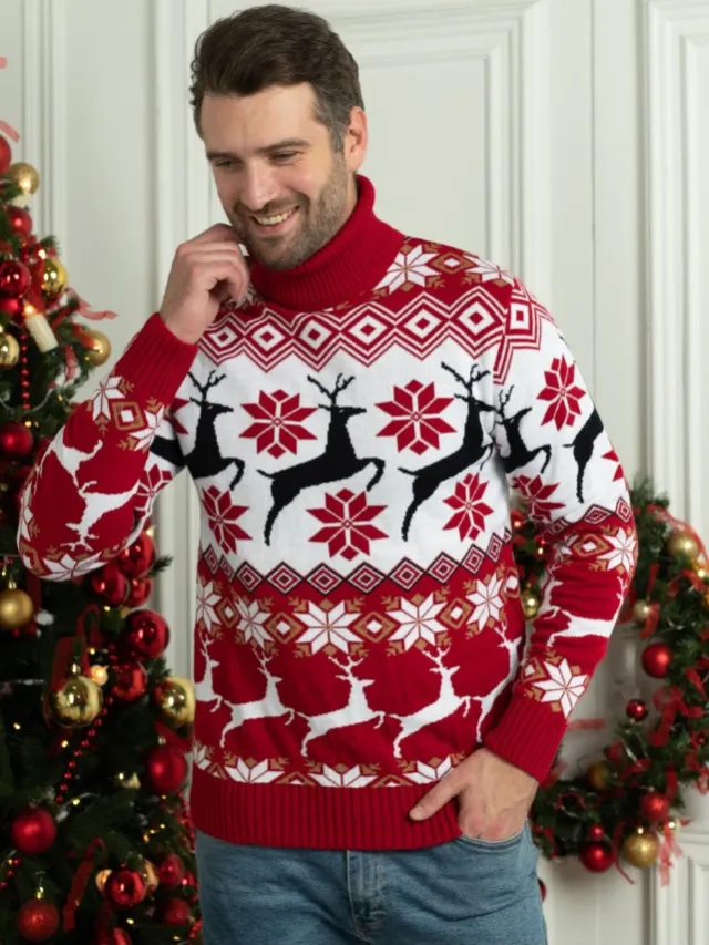 New Christmas Men's Women's Clothing Couple Wear Christmas Elk Jacquard Long Sleeve Turtleneck Sweater Men - Shop at LoveMi