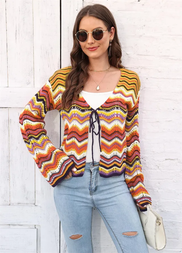 Knitted Shirt Rainbow Color Wave Pattern Christmas Sweater Sunset Yellow - Shop at LoveMi
