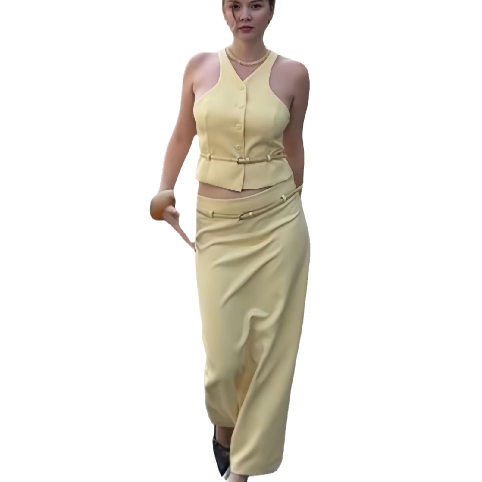 Hanging Collar Vest Top High Waist Long Skirt