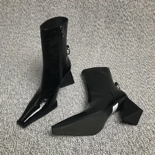 Autumn And Winter Square Toe Chunky Heel High Heel Short Boots Black - Shop at LoveMi
