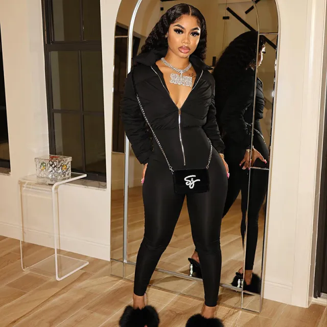 Fashion Stretch Pure Color Tight Zipper Thermal Cotton Suit One piece Trousers Black - Shop at LoveMi