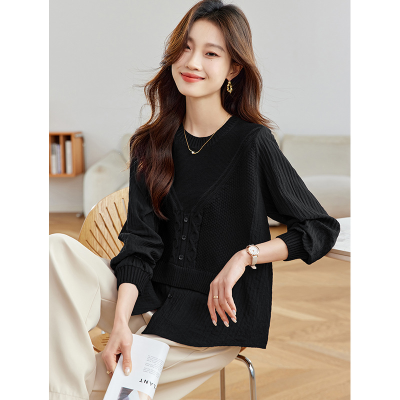 Fake Two-piece Shirt Spliced Long-sleeve Lightweight Knit For Women