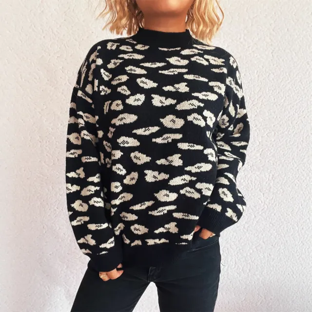 Casual Contrast Color Round Neck Vintage Jacquard Long Sleeve Warm Sweater Black And White - Shop at LoveMi