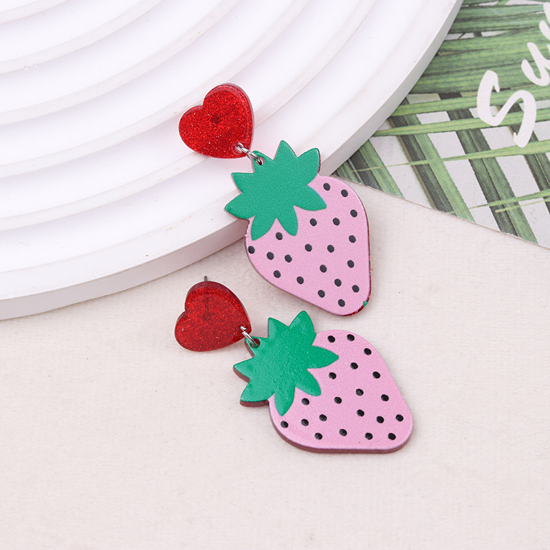 Womens Fashionable Strawberry-Print Acrylic Earrings
