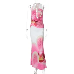 European American Fashion Floral Print Waist-tight Slim Backless Lace-up Dress - Pink - View 1