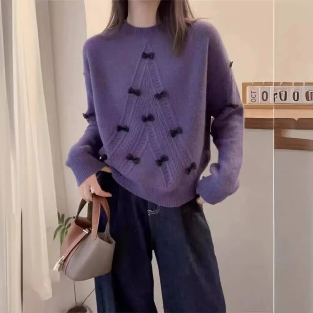 Round Neck Long Sleeve Hollow Bow Three-dimensional Anti-aging Fashion Sweater