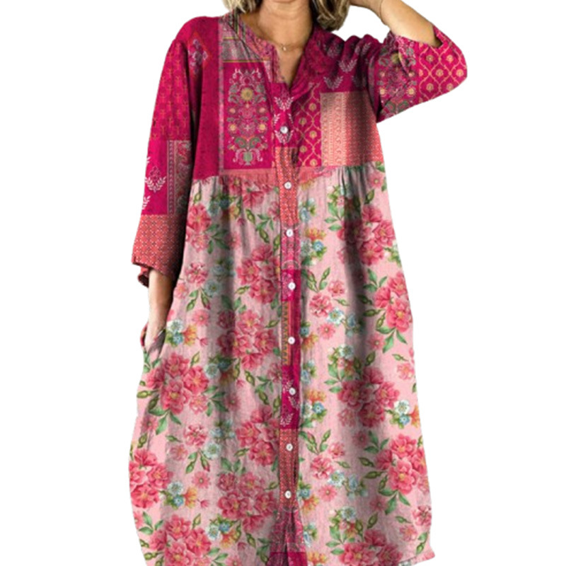 Fashion Sweet Loose Floral Button Dress Women
