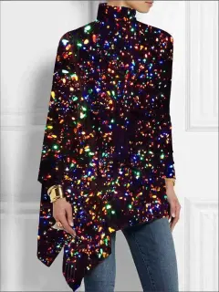 Fashion High Collar Loose And Irregular Digital Printed Long-sleeved Top - Color - View 1