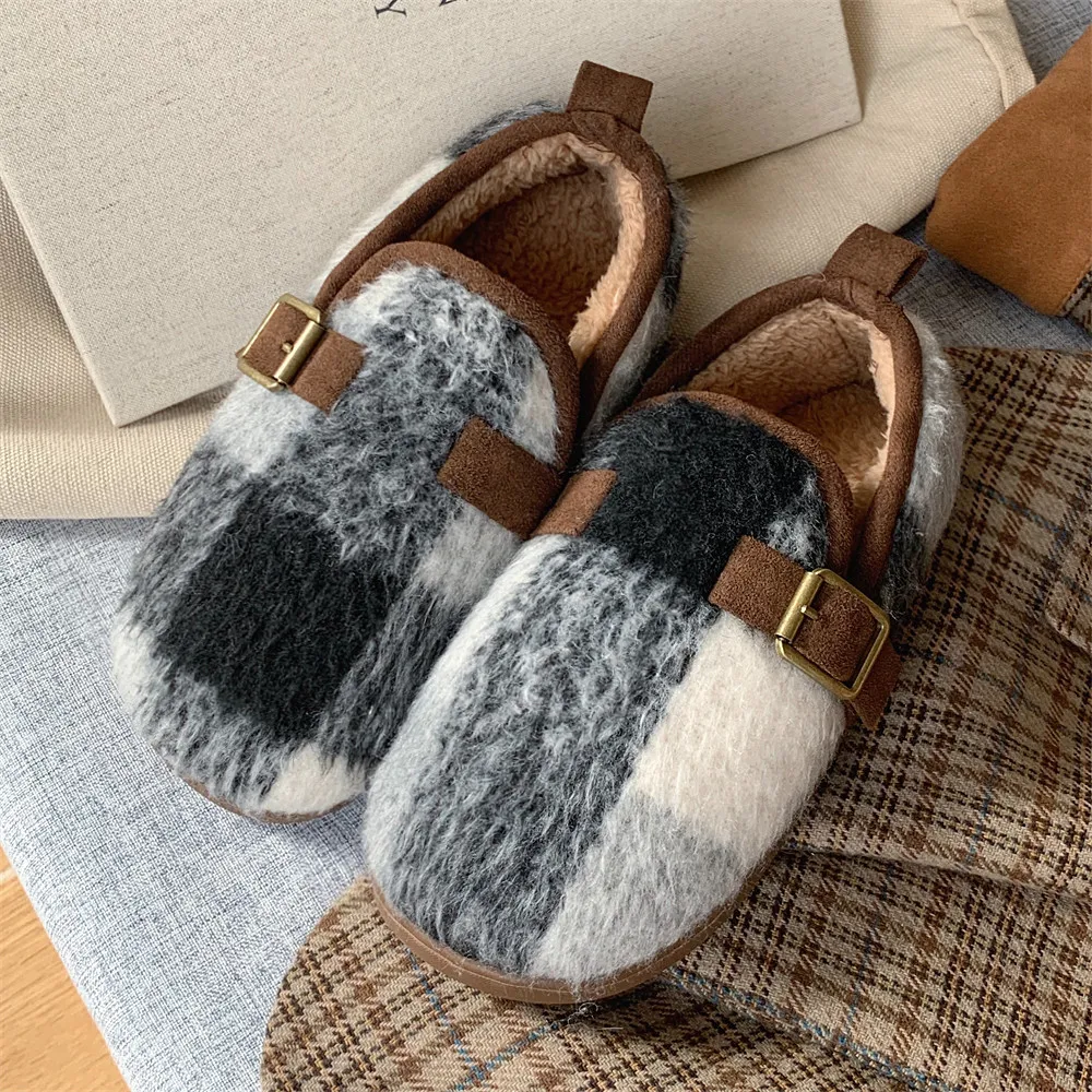 Women's Retro Plaid Cotton Slippers - Black