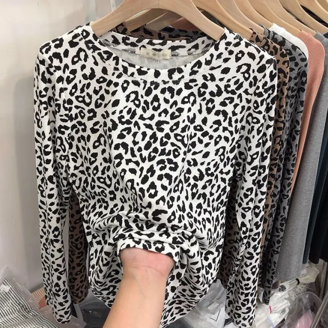 Fashionable Leopard Print Long Sleeve All match Round Neck Bottoming Shirt White - Shop at LoveMi
