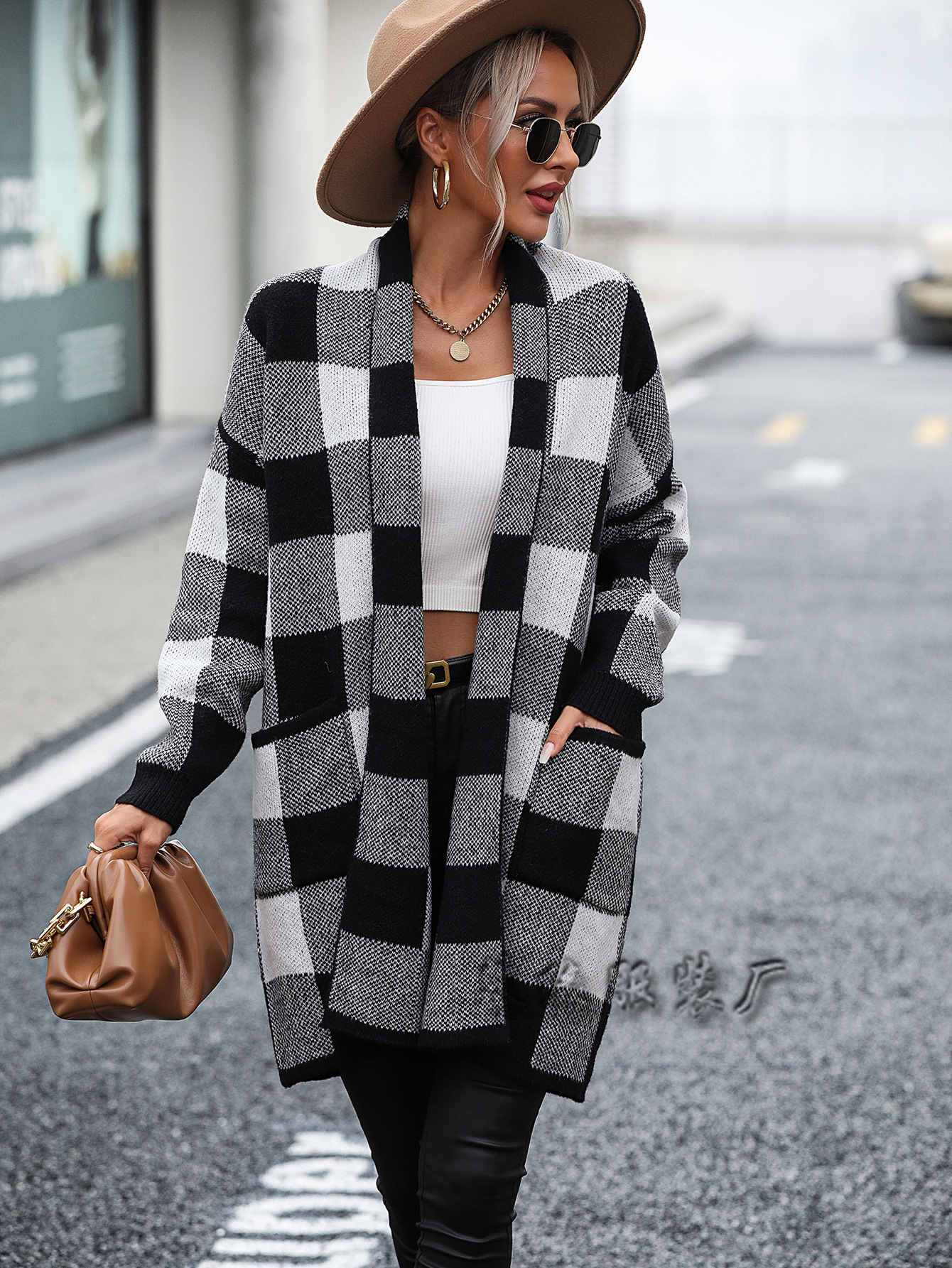 European And American Coat Loose Plaid Color Stitching Knitted Cardigan Fashion Sweater Black - Shop at LoveMi