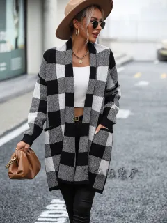 European And American Coat Loose Plaid Colour Stitching Knitted Cardigan Fashion Sweater - Black - View 1