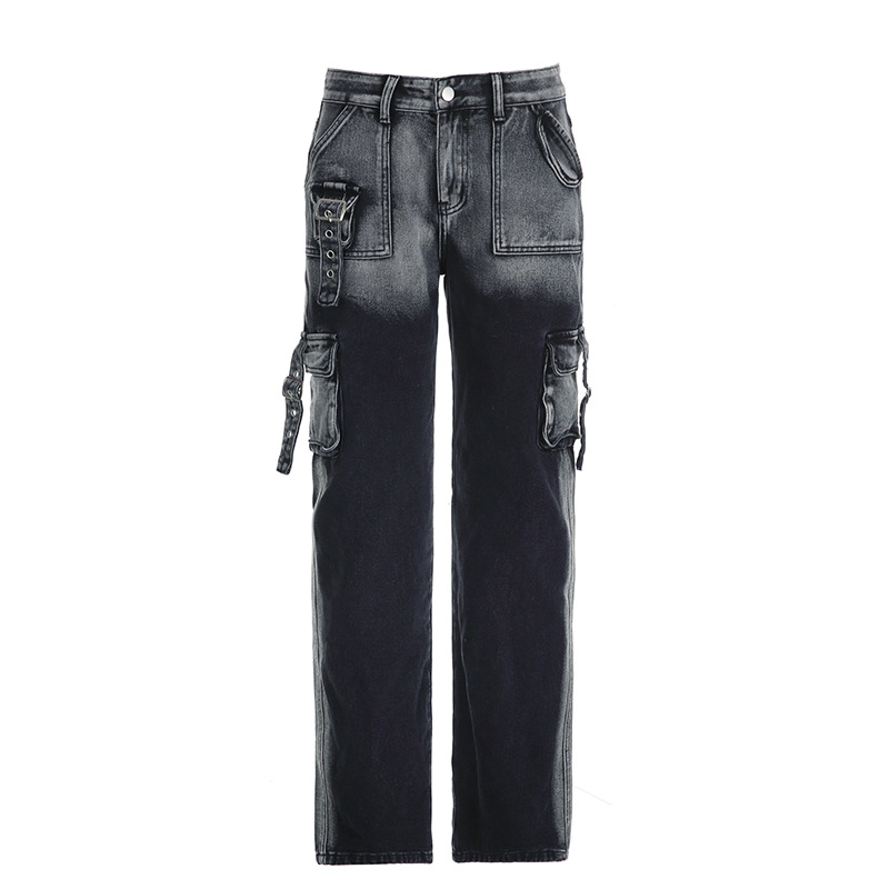 Tie dyed Metal Buckle Multi pocket Workwear Jeans Black - Shop at LoveMi