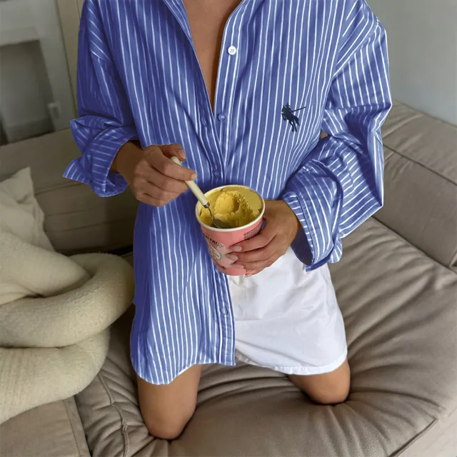 New Women's Casual Striped Long sleeved Shirt Denim Blue - Shop at LoveMi