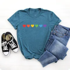 Colourful Heart Print European And American Urban Casual Simple Style T-shirt - Polyester Dark Blue Hf33 - View 1