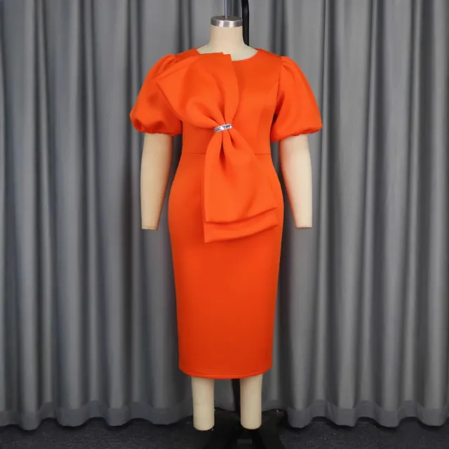 Women's Elegant Puff Sleeve Round Neck Dress Orange - Shop at LoveMi