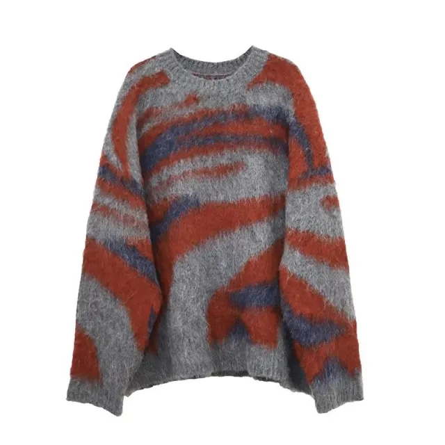 Contrast Color Stripes Idle Style Winter Loose Retro New Mohair Knitwear Sweater Red - Shop at LoveMi