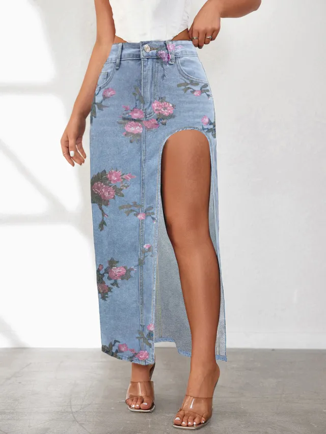 High Slit Denim Skirt Women's Washed Solid Color Midi Skirt Pattern Light Blue - Shop at LoveMi