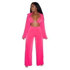 Women's Fashion Casual Long Sleeve Bikini Wide Leg Pants Suit - Fluorescent Powder-L - View 1