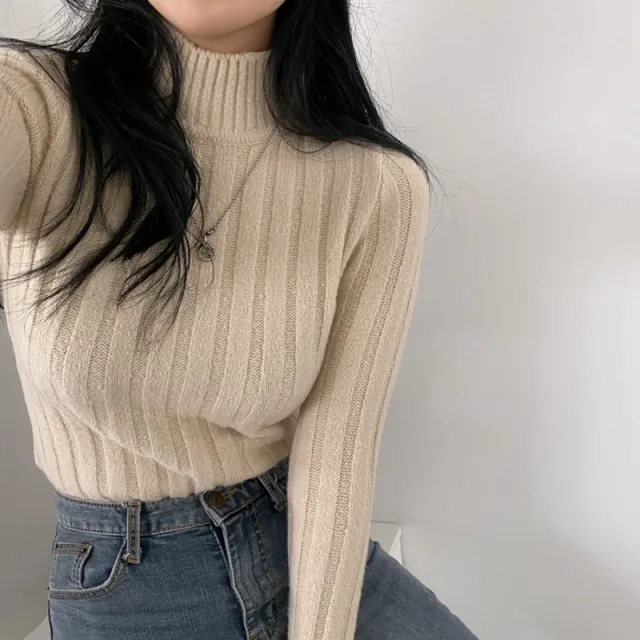 Half Turtleneck Warm Long Sleeves Knitted Sweater Apricot - Shop at LoveMi
