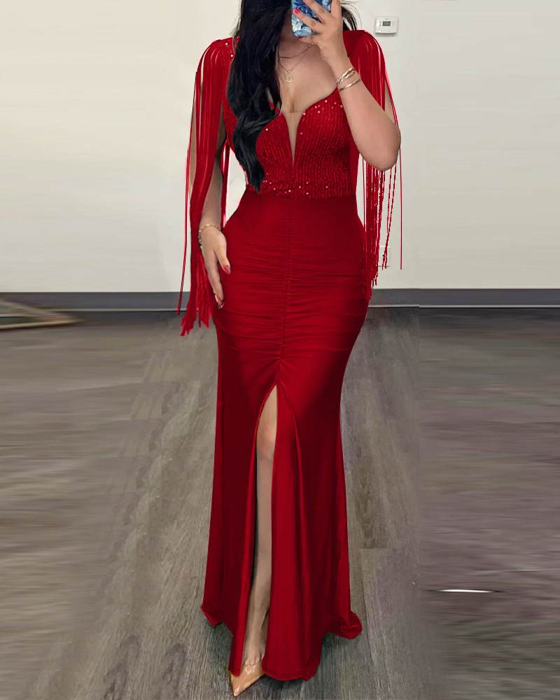 Sequin Sexy Bodycon Dress Round Neck Slit Fringe Red - Shop at LoveMi