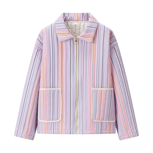 Women's Long sleeved Polo Collar Stripes Cotton padded Coat Stripes M - Shop at LoveMi