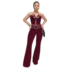 Fashion Women's Wear Sexy Tube Top Eyelet Metal Buckle Trousers Suit - Wine Red - View 1